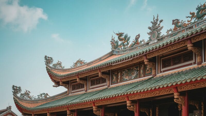 Exterior view of Thien Hau Temples ornate curved roof adorned with intricate ceramic figures against a clear blue sky