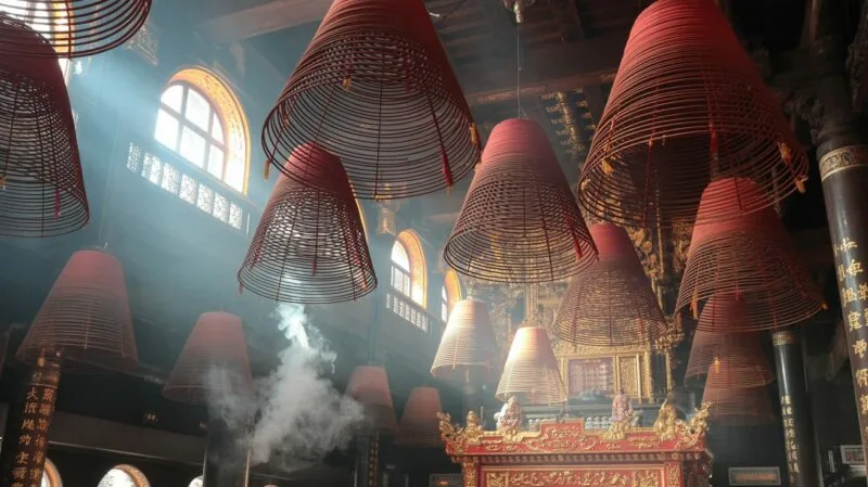 A Spiritual Journey: Finding Peace at Thien Hau Temple in Ho Chi Minh City 2 Interior shot of Thien Hau Temple focusing on the large hanging conical incense coils with sunlight streaming through the fragrant smoke