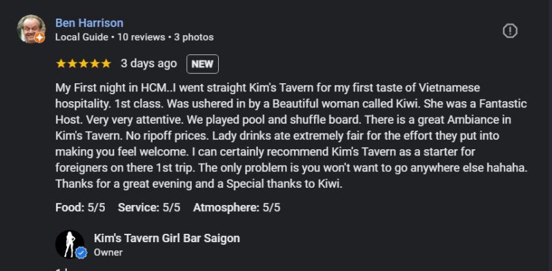 5 star review for Kims Tavern Girl Bar