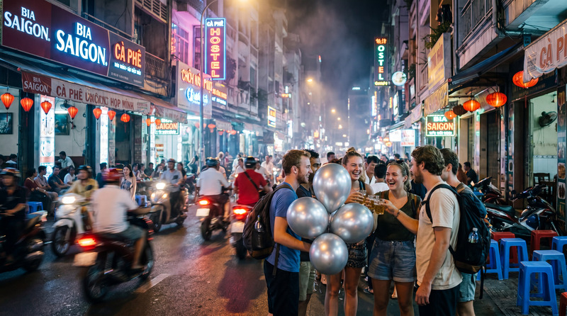 Foreigners standing on Bui Vien Street Holding Laughing Gas Balloons