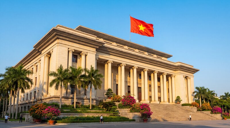 Vietnamese National Assembly building Hanoi with the national flag flying 1