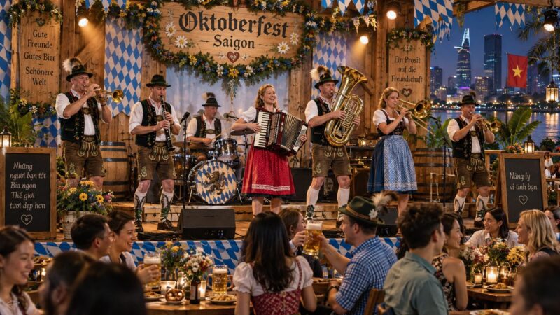Oktoberfest in Ho Chi Minh City: Beer Tents, Bratwurst and Where to Keep the Party Going 2 Tradiational Bavarian band playing Oktoberfest concert in Saigon